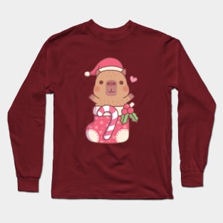 Cute Capybara In Christmas Stocking With Candy Cane And Mistletoe Long Sleeve T-Shirt